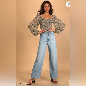 Black Floral Drawstring Ruched Puff Sleeve Top